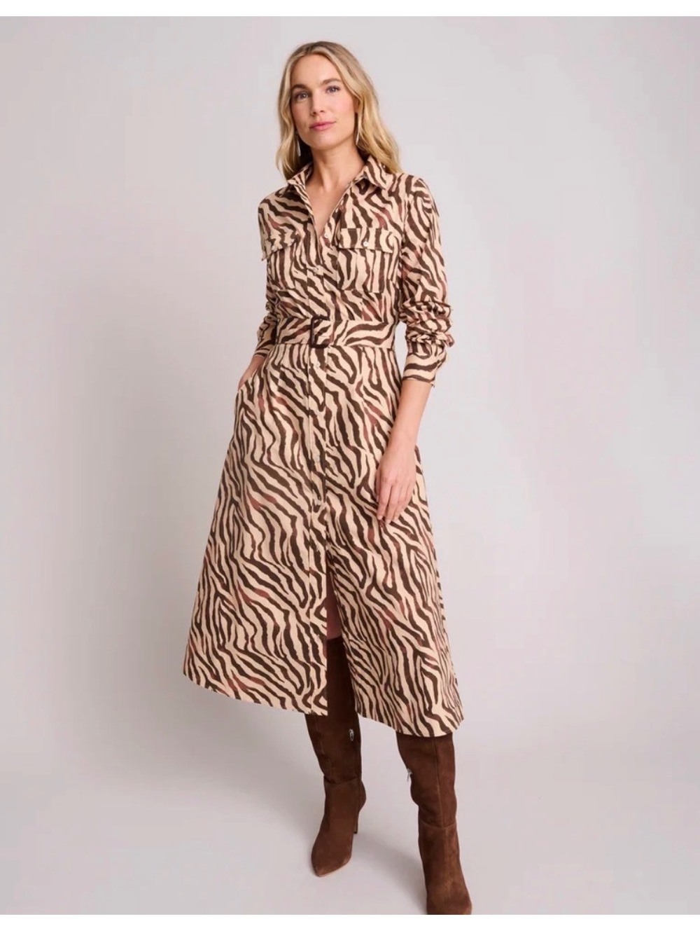 UNTUCKit Elise Dress in Tan Zebra Print with Belt Size 10